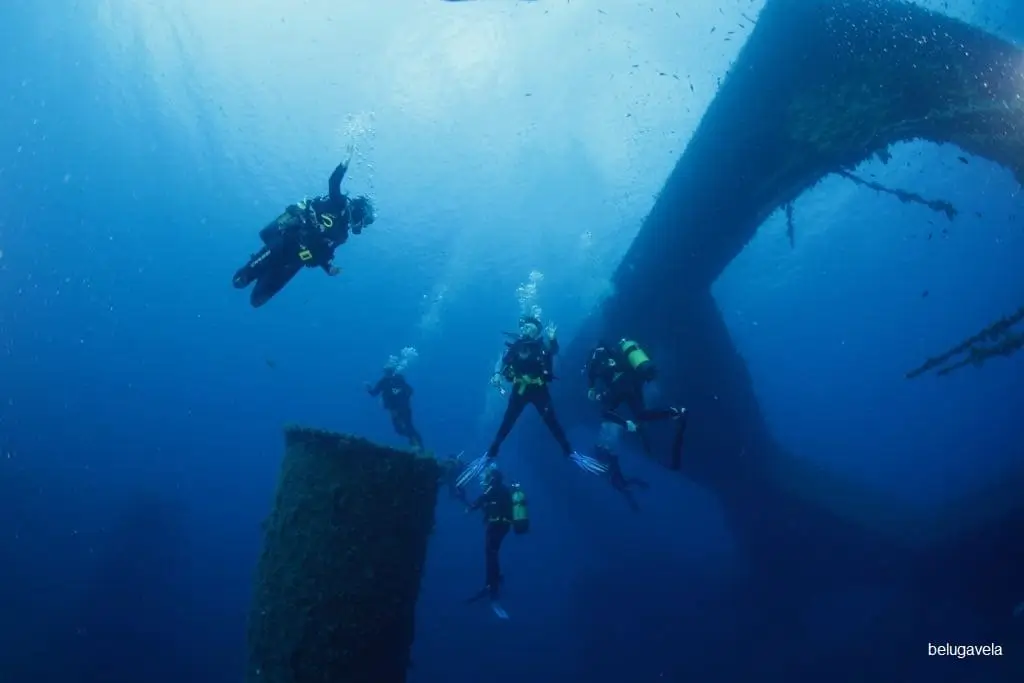 Buceadores entre estructuras metálicas en la Plataforma