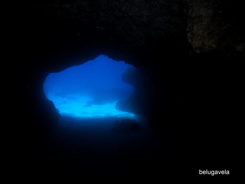 Entrada de luz en cueva submarina durante inmersión en Punta Rasa, Formentera