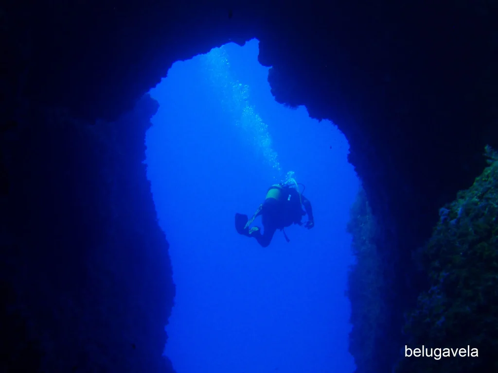 Interior de cueva marina en Punta Rasa con luz azul filtrada bajo el agua